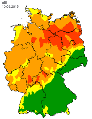 Kartografische Darstellung des bundesweiten Waldbrandgefahrenindex (WBI) für den 10. Juni 2015 (Quelle DWD)