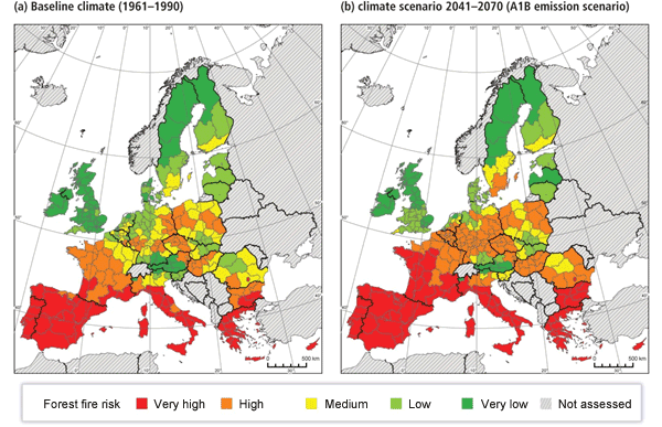 Veränderung der Waldbrandgefahr in Europa. Vergleich des Ist-Zustandes mit der Zeitspanne 2041-2070