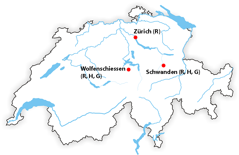 Lage der Untersuchungsorte mit den vorkommenden Schalenwildarten