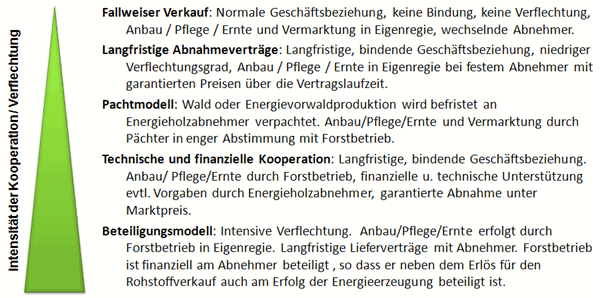 Mögliche Formen kooperativer Geschäftsmodelle zwischen Forstbetrieben und Holzindustrie bzw. Energieholzabnehmern geordnet nach der Intensität der Kooperation oder Verflechtung