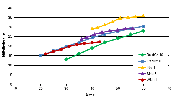 Höhenwachstumskurven von Buche und Esche auf Spitzenstandorten, im Vergleich mit Intermedia-, Schwarz- und Walnuss auf Spitzenstandorten am Kaiserstuhl