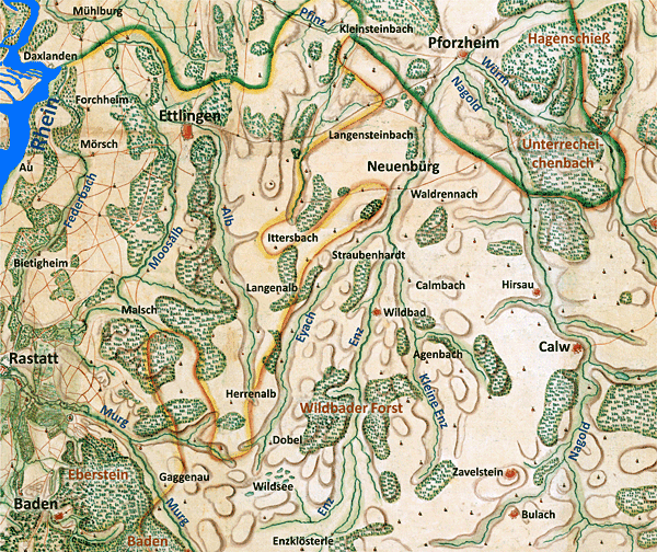 Extreme Entwaldung um 1710 im Nordschwarzwald und im Rheintal. (Kartengrundlage:  Service Historique de la Défence, Paris, SHD 1 V D 19 Nr. 1)