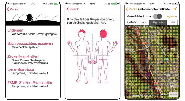 Screenshots der Präventions-App "Zecke"