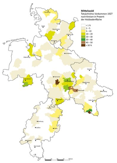 Karte mit Mittelwaldvorkommen in Niedersachsen, Schleswig-Holstein, Hessen und Sachsen-Anhalt.