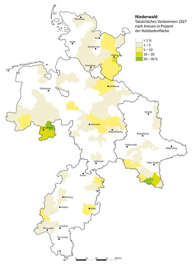 Karte mit Niederwaldvorkommen in Niedersachsen, Schleswig-Holstein, Hessen und Sachsen-Anhalt.