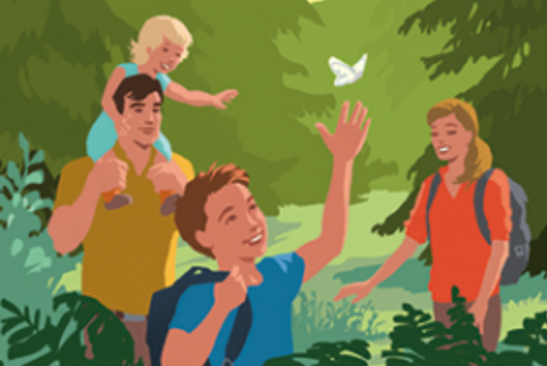 Titelbild mit Illustration von Eltern und Kindern im Wald