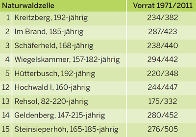 40 Jahre Vorratsentwicklung (Vfm/ha) in Naturwaldzellen, Buchenwälder