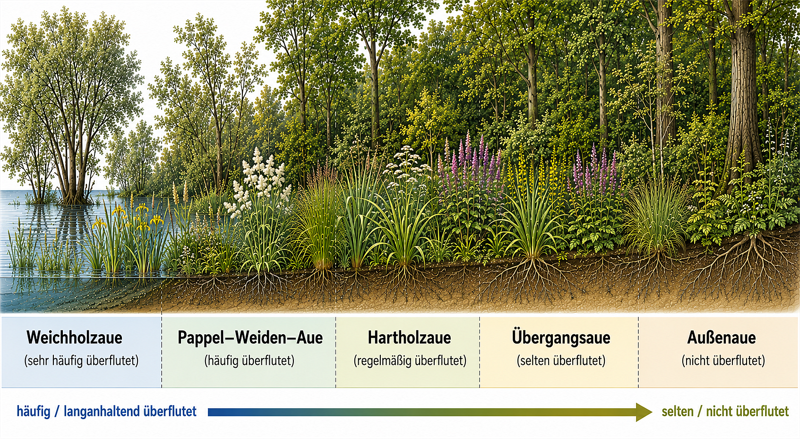 Schematische Zonierung eines Auwaldes