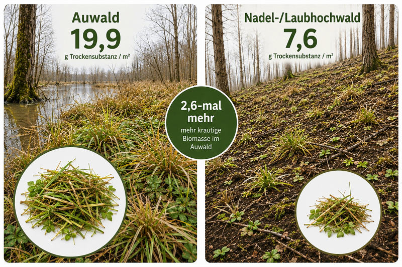 Beäsbare krautige Biomasse in auwaldgeprägten Waldbereichen